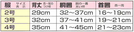 ネコちゃん用サイズ表